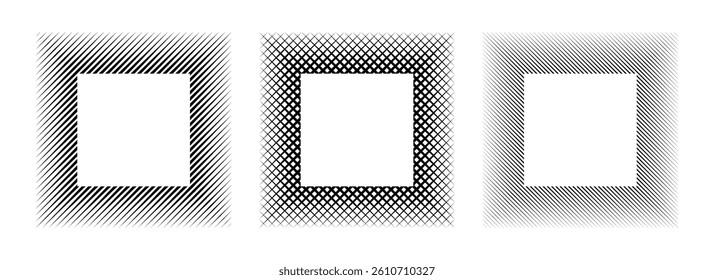 Black linear square frame set. Striped geometric border collection in minimalist style. Thin overlap line picture frame bundle. Simple boarder element pack for photo, cadre, poster, card. Vector