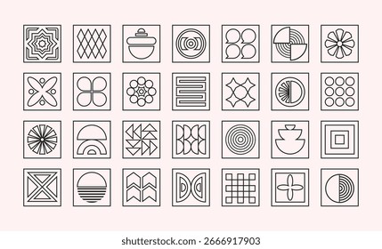 Black linear square geometrical isolated and modern sign and symbol icons set icons design elements set on light pink background