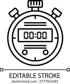 Black linear stopwatch icon displaying 00:00, isolated on a white background, with editable stroke for design flexibility.