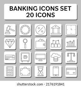 Black Linear Style Banking Icon Set on Grey Sqaure Background.