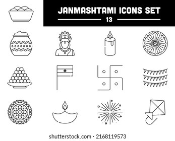 Black Linear Style Lord Krishna Birthday Celebration 13 Icon Set.
