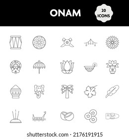 Black Linear Style Onam 20 Festival Icon Set Or Symbol.