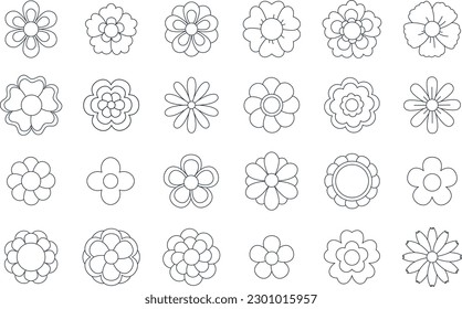 Black linear summer or spring season flowers, daisy flower, sunflower or peony. Simple outline botanical element with petals for greeting card decor, minimal elegant boho style floral icons vector set