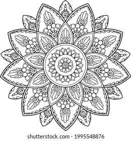 black linear Swirl mandala on transparent background. Decorative element, coloring page