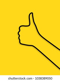 black linear thumbs up gesture hand. concept of excellent assess, accept, done, client evaluation or validate. simple outline trendy modern approve logo element graphic art design isolated on yellow
