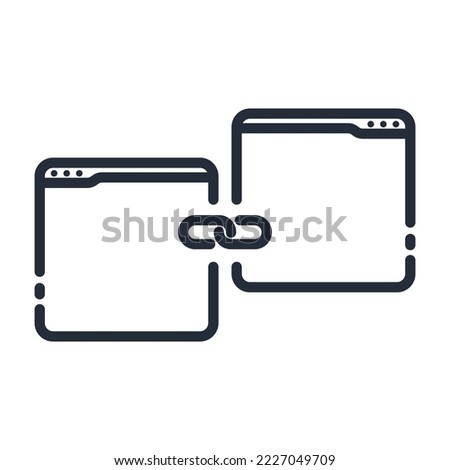 Black linear two app windows with synchronization and connection sigh vector icon. Apps synchronization and teamwork concept icon design.