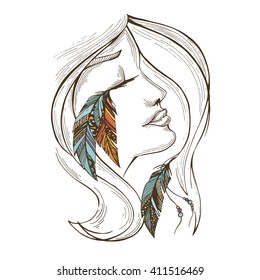 black linear vector silhouette of a girl in profile with feathers in her hair and eyelashes
