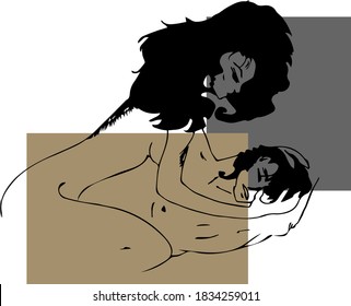 black linear vector silhouettes of a guy and a girl on gold gradient. hugs