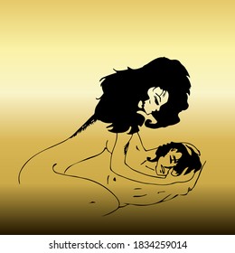 black linear vector silhouettes of a guy and a girl on gold gradient. hugs