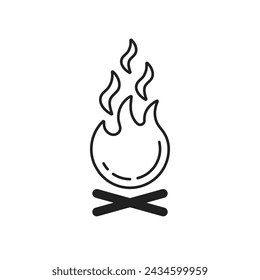 black lineart campfire icon for camping. make fire in forest or park area in order to easy warm up or cook outdoor food. minimal and simple linear label for graphic design or web internet element