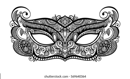 black lineart venetian carnival mask silhouette, vector illustration