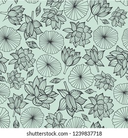Black lineart waterlilies or lotus flowers and leaves seamless pattern background texture on pastel blue background. Vector. Ideal for home decor, fabric, paper goods, packaging.