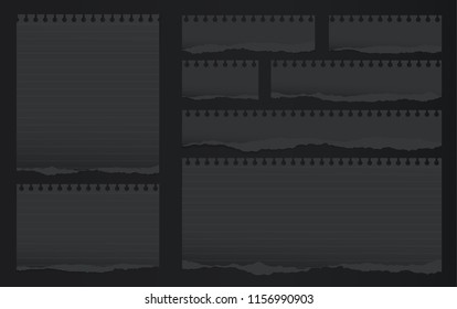 Black lined note, notebook paper pieces with torn edges stuck on black backgroud. Vector illustration.