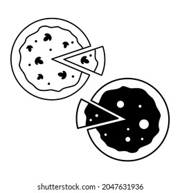 Schwarz gesäumte, einfache 2 Pizzen mit Schnittscheibe auf weißem Hintergrund. Vektorgrafik