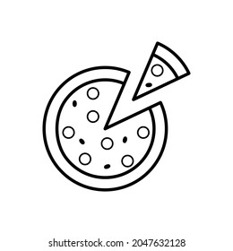 Black lined simple pizza with cut slice on white background