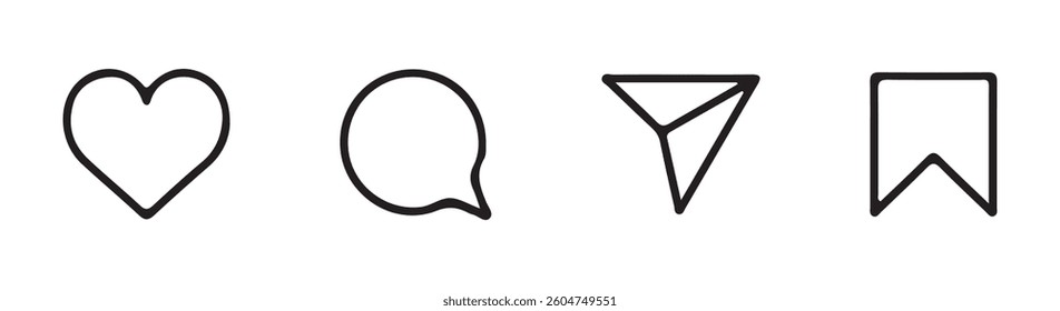 Black liner, Share, save, like and comment button icon set.  Social media icons thumb up and heart icon with repost and comment. Vector Eps 10