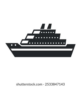 A black liner ship icon is depicted, symbolizing luxury cruise travel on a white background, ideal for designs related to shipping, navigation, and vacations.