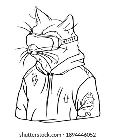 black lines cartoon cat in vr 
glasses in korean urban style on white background, editable vector illustration