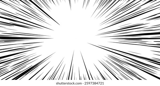 Black lines from the center on a white bg to illustrate the speed effect in manga style. Explosion in comics. Fast forward background in anime. Radial burst
