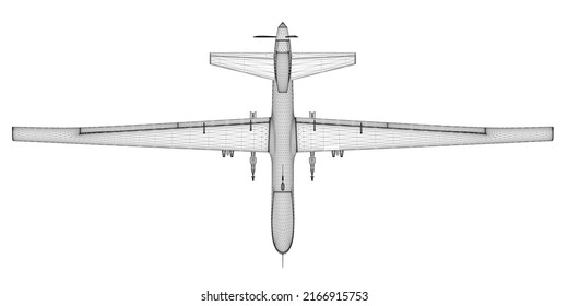 Black lines combat drone wireframe isolated on white background. View from above. 3D. Vector illustration.