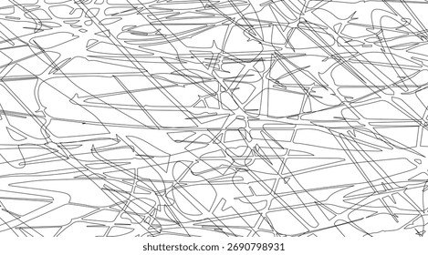 Black lines create a complex abstract pattern against a bright white background, featuring geometric and organic shapes that suggest a chaotic yet structured design.