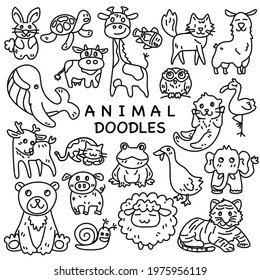 Black lines cute animals, fox, bunny, sheep, cow, tiger, duck, giraffe, turtle, whale, bear, elephant, frog, cat doodle on white background 