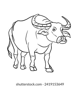 Black lines depicting a Thai buffalo walking.Vector illustration isolated on white.