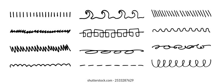Black lines, doodles and scribbles abstract freehand drawings, design elements and decorative stickers. Vector art.