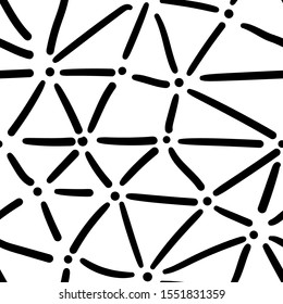 black lines and dots. hand drawn triangles. chaotic seamless pattern