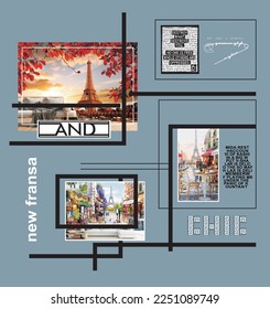 black lines eiffel tower white writings blue background