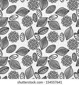 black lines flowers, leaves and stones seamless pattern wallpaper