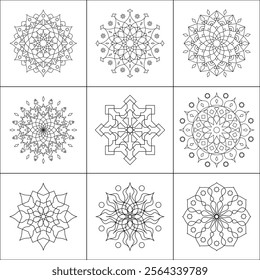 Black lines Islamic ornamental mandala set. Collection of Islam, Arabic, Indian, Turkish, Pakistan, Chinese, and Ottoman decoration motifs. Abstract flower mandalas.
