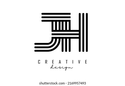 Black lines Jh j h letters with monogram Logo Design. Creative vector illustration with geometric lines pattern.
