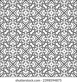 Black lines on white background.Wallpaper with figures from lines. Abstract patterns. Black  pattern for web page, textures, card, poster, fabric, textile. Monochrome design. 