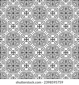 Black lines on white background.Wallpaper with figures from lines. Abstract patterns. Black  pattern for web page, textures, card, poster, fabric, textile. Monochrome design. 