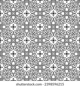 Black lines on white background.Wallpaper with figures from lines. Abstract patterns. Black  pattern for web page, textures, card, poster, fabric, textile. Monochrome design. 