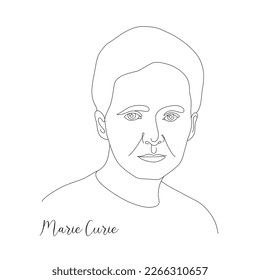 Black lines portrait of Marie Curie. Female scientist illustration 