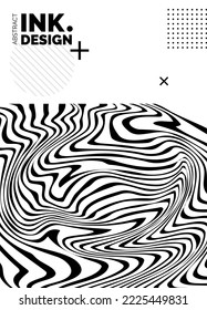 Plantilla de póster de líneas negras. Fondo ondulado abstracto de moda. Patrones rayados sin inconveniente. Efectos ópticos de geometría. Impresión de moda para textiles y tejidos. Diagonal;vertical;líneas deformadas y ondas