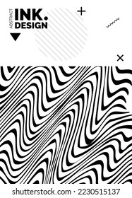 Plantilla de póster de líneas negras. Fondo ondulado abstracto de moda. Patrones rayados sin inconveniente. Efectos ópticos de geometría. Impresión de moda para textiles y tejidos. Diagonal;vertical;líneas deformadas y ondas