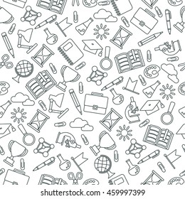 Black lines seamless pattern with school supplies. Textures, backgrounds and templates for promotional materials and fabrics. Cartoon flat vector illustration. Objects isolated on a white background.