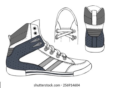 Black lines sneaker. Grey. Vector illustration