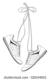 Black lines sneaker on a white background. Running shoes. Vector