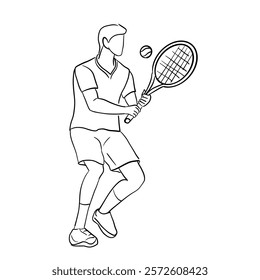 Black lines, young man playing tennis.Vector illustration isolated on white background.