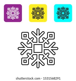 Black lineSnowflake icon isolated on white background. Set icons colorful square buttons. Vector Illustration