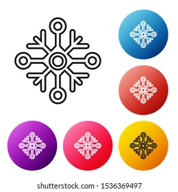 Black lineSnowflake icon isolated on white background. Set icons colorful circle buttons. Vector Illustration