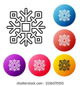Black lineSnowflake icon isolated on white background. Set icons colorful circle buttons. Vector Illustration