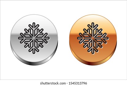 Black lineSnowflake icon isolated on white background. Silver-gold circle button. Vector Illustration