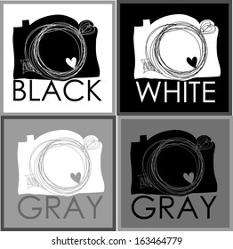 black link hand drawn doodle 4 digital camera illustration set with love heart clipart, black white gray four versions