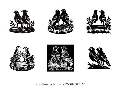 Black lino cut silhouette of a cuckoo couple on a log, perfect for print-ready graphics.