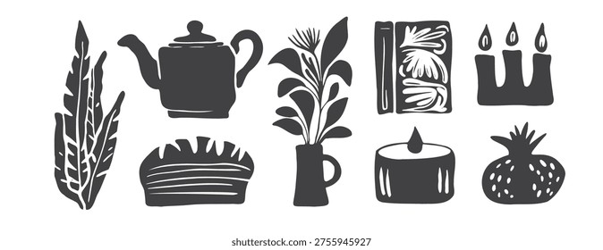 Black linocut cottagecore vector set. Cozy rustic home decor bundle with teapot, bread, candles and plant. Vintage woodcut style hand drawn kitchen elements for hygge art and branding